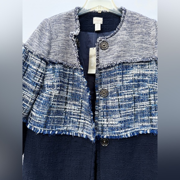 CHICO'S Tweed Longline Frayed Jacket Navy Blue Colorblock Size 0 (US 4/6 Small) - Picture 15 of 16